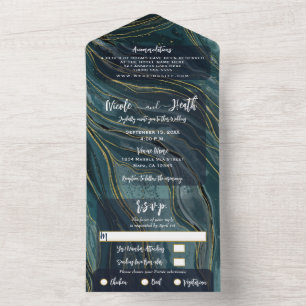 Invitation Tout En Un Glam Turquoise bleu vert or Mariage photo