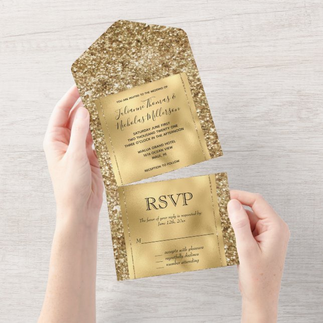 Invitation Tout En Un Glitzy Gold Glam Parties scintillant (Déchirure)