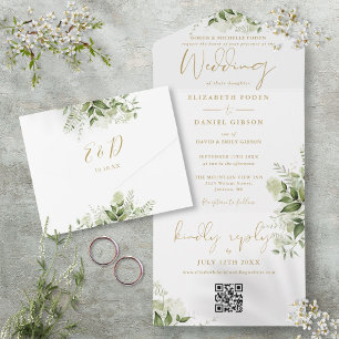 Invitation Tout En Un Gold Floral Greenery QR Code Mariage officiel