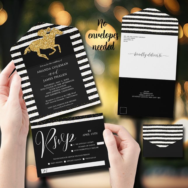 Invitation Tout En Un Gold Racehorse Black White Stripes Mariage (Gold racehorse black and white stripes all in one wedding invitations)
