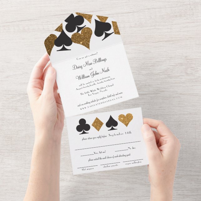 Invitation Tout En Un Gold sur White Faux Parties scintillant Las Vegas  (Déchirure)