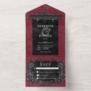 Invitation Tout En Un Gothic Black Border 3 & Black Roses Vin Sans Dîner