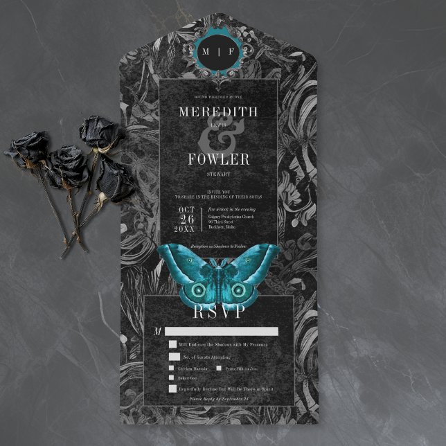 Invitation Tout En Un Gothic Black Teal Filigree Moth Dinner Wedding (Créateur téléchargé)