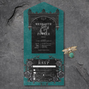Invitation Tout En Un Gothique Arch Raven & Black Rose Dîner Turquoise
