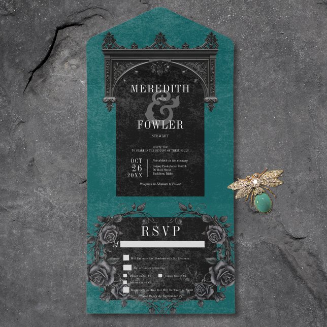 Invitation Tout En Un Gothique Arch Raven & Black Rose Dîner Turquoise (Gothic Arch Raven & Black Roses Teal Dinner All In One Invitation)