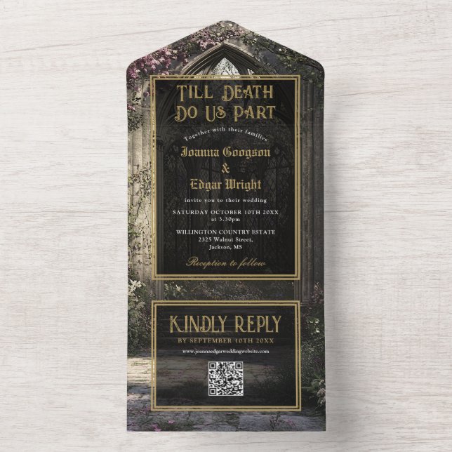 Invitation Tout En Un Gothique Floral Garden Wedding QR Code (À l'intérieur)