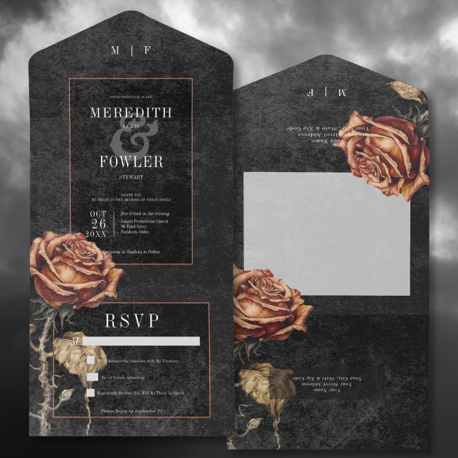 Invitation Tout En Un Gothique foncé Noir et rouille Rose Pas de dîner (Dark Gothic Black & Rust Rose All In One Wedding Invitation without Dinner Options)