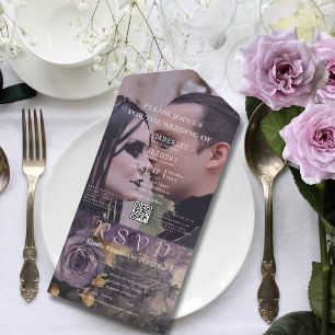 Invitation Tout En Un Gothique foncé violet Rose Floral QR Code Photo