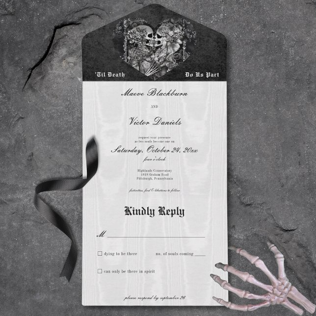 Invitation Tout En Un Gothique Noir & Blanc Squelette Couple Sans Dîner (Gothic Black & White Skeleton Couple No Dinner All In One Invitation)