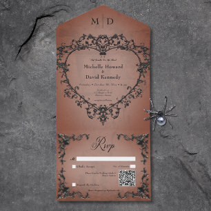 Invitation Tout En Un Gothique Noir et Rouille Filigree Coeur QR Code