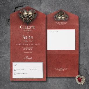 Invitation Tout En Un Gothique Noir & Rouge Crânes & Coeur Rouge Non Dîn