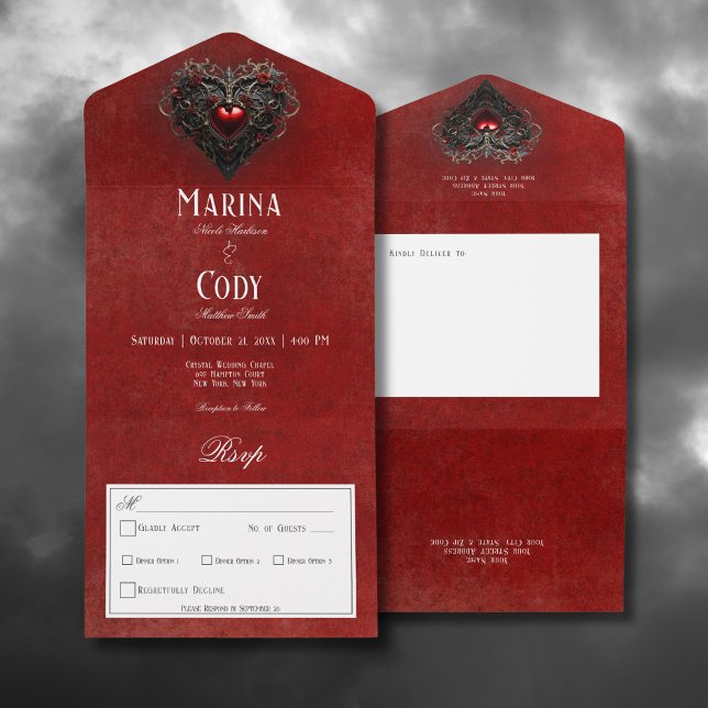 Invitation Tout En Un Gothique Noir & Rouge Filigree Coeur Dîner Rouge (Gothic Black & Red Filigree Heart Red All In One Wedding Invitation with Dinner Options)