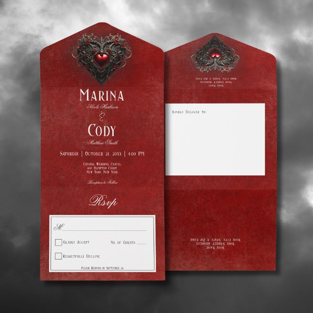 Invitation Tout En Un Gothique Noir & Rouge Filigree Coeur Rouge Non Dîn (Gothic Black & Red Filigree Heart Red All In One Wedding Invitation without Dinner Options)