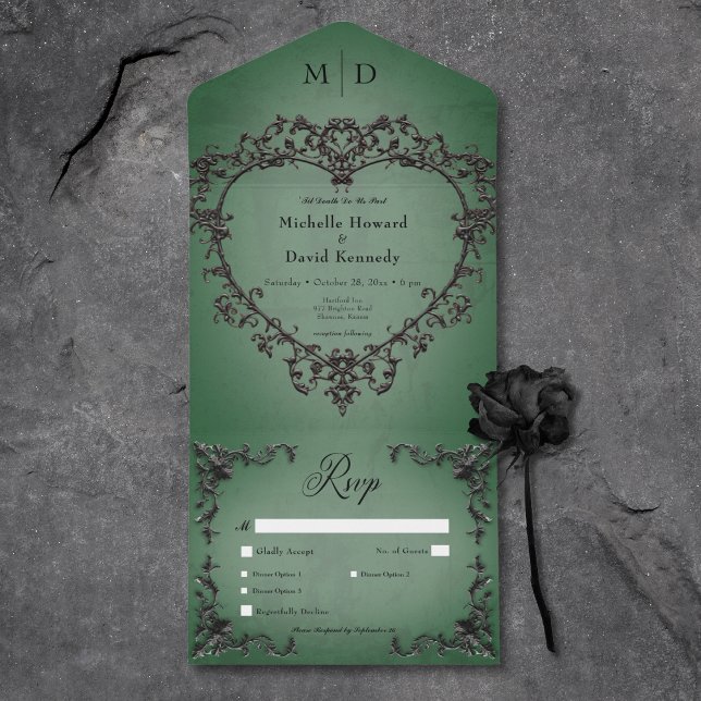 Invitation Tout En Un Gothique Noir & Vert Filigree Dîner Coeur (Gothic Black & Green Filigree Heart Dinner All In One Invitation)