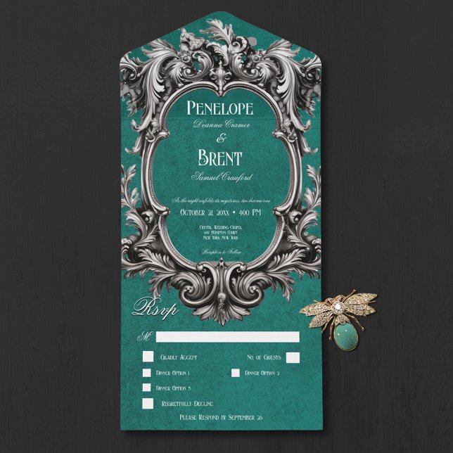 Invitation Tout En Un Gothique Turquoise Moody Victorian Frame Dîner (Gothic Teal Moody Victorian Frame Dinner All In One Invitation)
