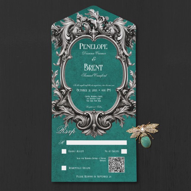 Invitation Tout En Un Gothique Turquoise Moody Victorian Frame QR Code (Gothic Teal Moody Victorian Frame QR Code All In One Invitation)