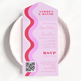 Invitation Tout En Un Gras Retro Waves rose et rouge Code QR Mariage RSV