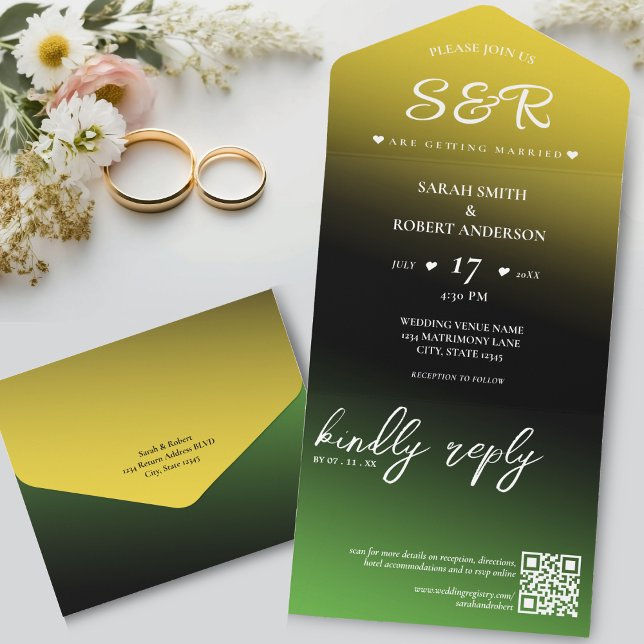 Invitation Tout En Un Green Black & Gold Jamaïque Ombre QR Code Mariage (Green Black & Gold Jamaica Ombre QR Code Wedding All In One Invitation)