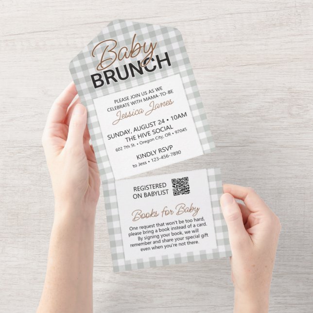 Invitation Tout En Un Green Checker Baby Brunch Invite with Book Card (Déchirure)
