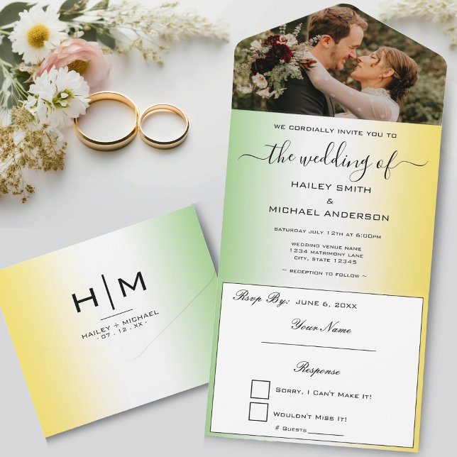 Invitation Tout En Un Green White & Gold Jamaïque Modern Photo Mariage (Green White & Gold Jamaica Modern Photo Wedding All In One Invitation)