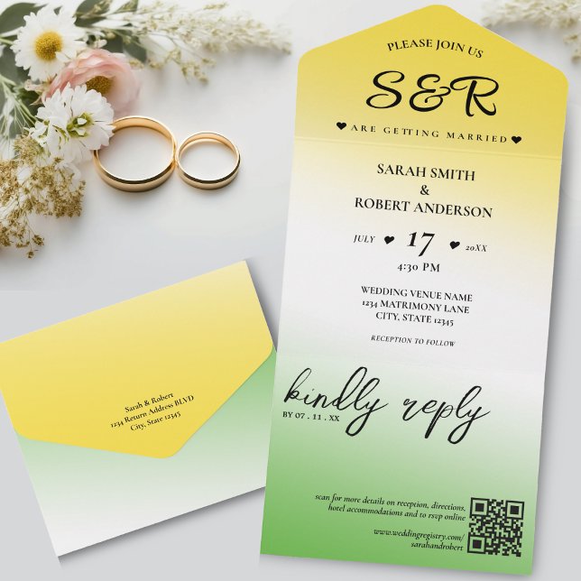 Invitation Tout En Un Green White & Gold Jamaïque Ombre QR Code Mariage (Green White & Gold Jamaica Ombre QR Code Wedding All In One Invitation)