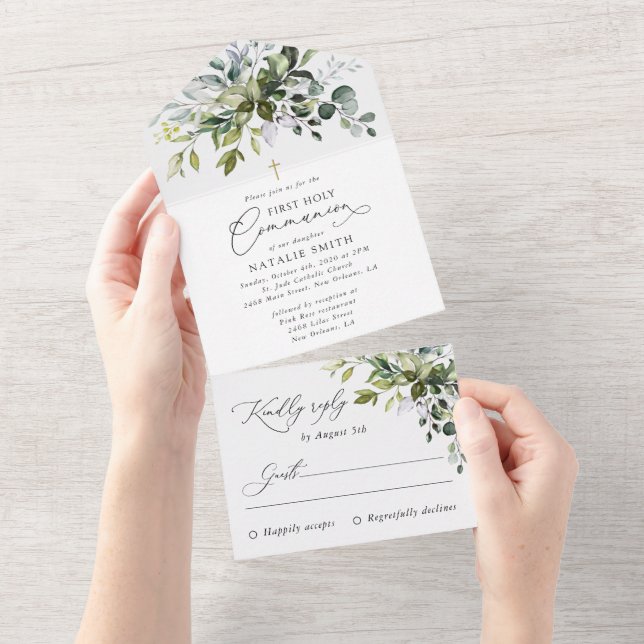 Invitation Tout En Un Greenery, Eucalyptus Leaves, First Holy Communion (Déchirure)