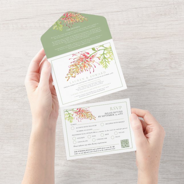 Invitation Tout En Un Grevillea aquarelle mariage RSVP détail vert QR (Déchirure)
