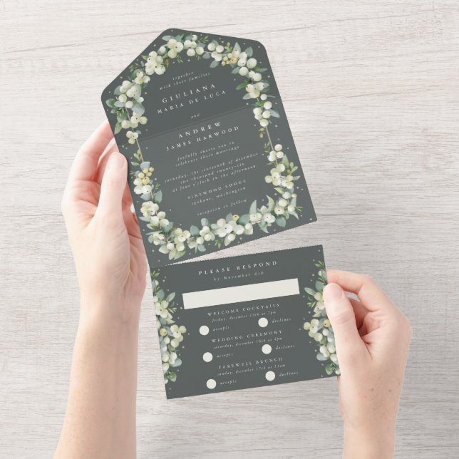 Invitation Tout En Un Grey Green Snowberry + Eucalyptus Mariage (Déchirure)