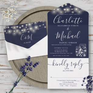 Invitation Tout En Un Guirlande de lumières bleues mariage bocaux Mason