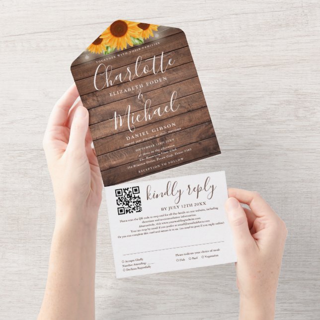 Invitation Tout En Un Guirlande de lumières rustique Code QR Tournesols  (Déchirure)