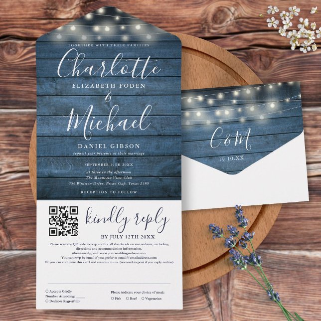 Invitation Tout En Un Guirlande Lumineuse en Bois Rustique Bleu Code QR  (Blue Rustic Wood String Lights QR Code Wedding All In One Invitation)