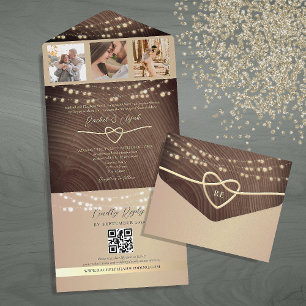 Invitation Tout En Un Guirlande Lumineuse en Bois Rustique Mariage Code