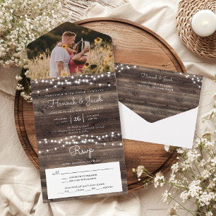 Invitation Tout En Un Guirlande lumineuse en bois rustique Photo avec RS