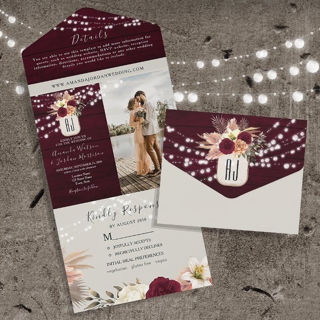 Invitation Tout En Un Guirlande Lumineuse Rustique Mariage Bourgogne (Créateur téléchargé)