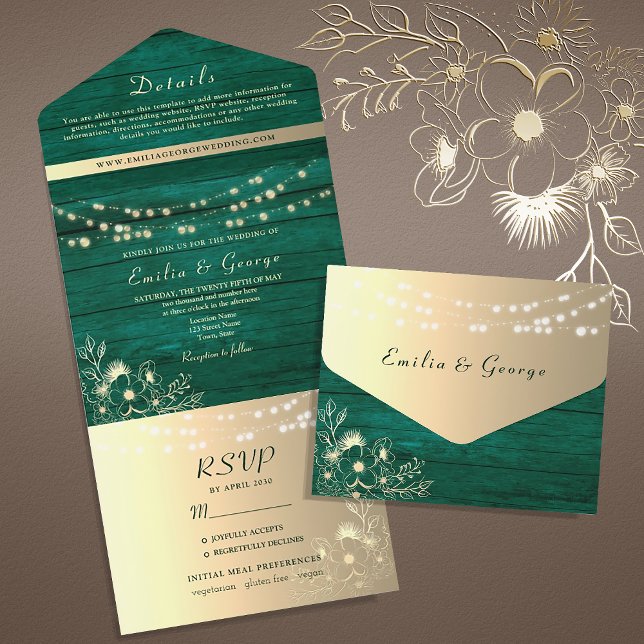 Invitation Tout En Un Guirlande Lumineuse Rustique Verte et Or Mariage (Créateur téléchargé)