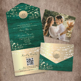 Invitation Tout En Un Guirlande Lumineuse Vert Émeraude Mariage Code QR