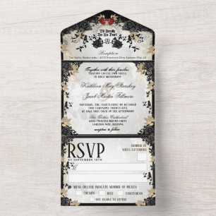 Invitation Tout En Un Halloween Rose noir élégant - avec MENU