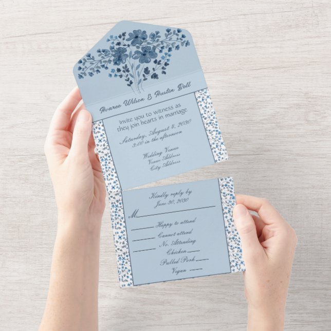 Invitation Tout En Un Harbour Blue Floral et (Déchirure)