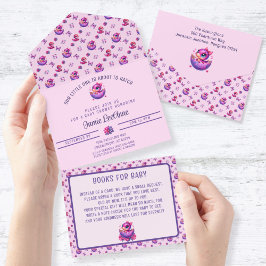 Invitation Tout En Un Hatching Bientôt Baby Baby shower Dinosaure rose