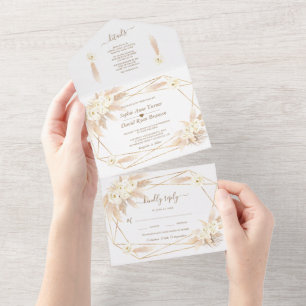 Invitation Tout En Un Herbe de la Pampa Monogramme Or Tout en Un Mariage