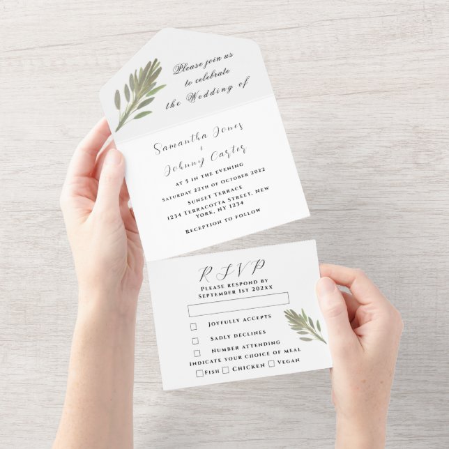 Invitation Tout En Un Herbes vertes Aquarelle Vert Sage Mariage (Déchirure)