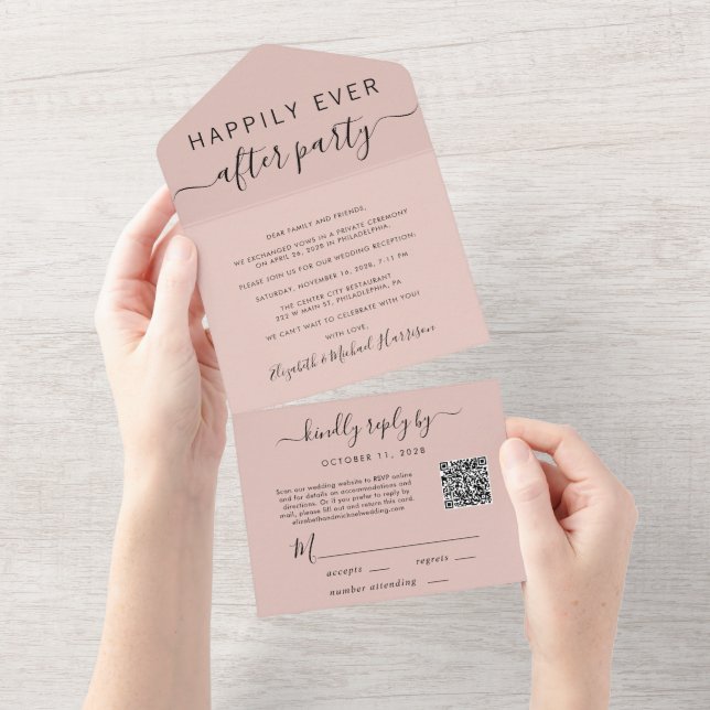 Invitation Tout En Un Heureusement Jamais Après QR Code Blush Mariage Ré (Déchirure)