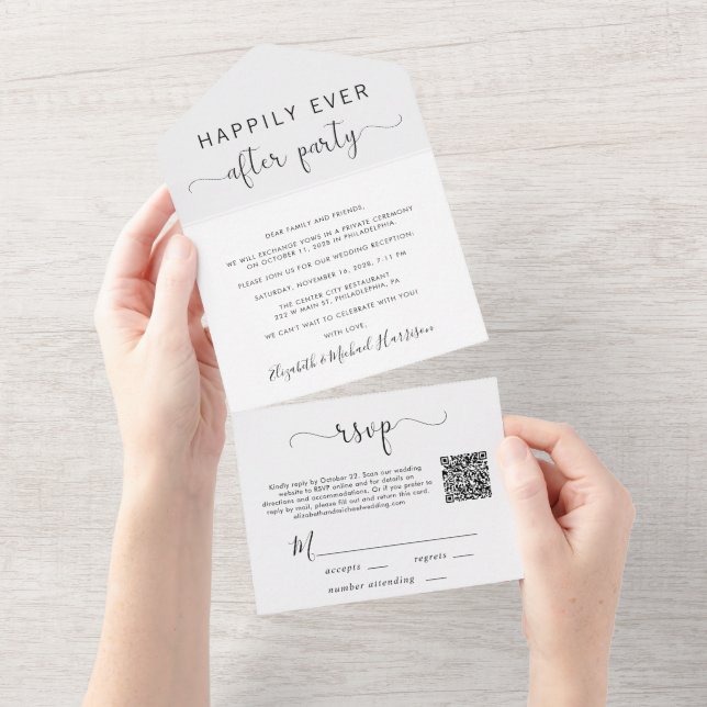 Invitation Tout En Un Heureusement jamais après QR Code Mariage Réceptio (Déchirure)