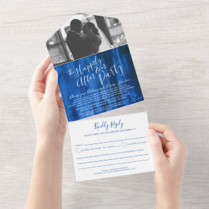 Invitation Tout En Un Heureux jamais après mariage photo bleu