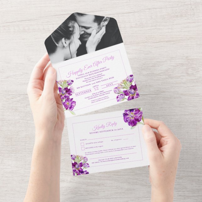Invitation Tout En Un Heureux toujours après mariage violet stock aquare (Déchirure)