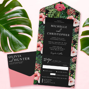 Invitation Tout En Un Hibiscus tropical Mariage moderne Noir