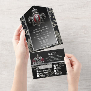 Invitation Tout En Un Hindi Hindu royal indian crest damask noir argent