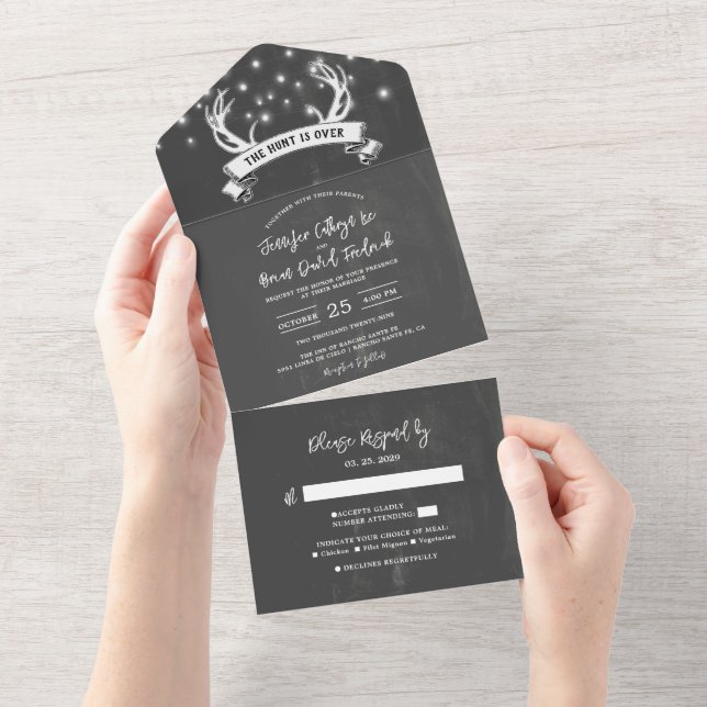 Invitation Tout En Un "Hunt is Over" Rustic Antler Strings Mariage léger (Déchirure)
