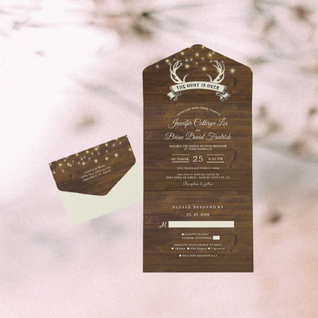 Invitation Tout En Un "Hunt is Over" Rustic Antler Strings Mariage léger (Créateur téléchargé)