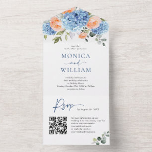 Invitation Tout En Un Hydrangea Bleue Élégante Roses Rose Pâle Mariage